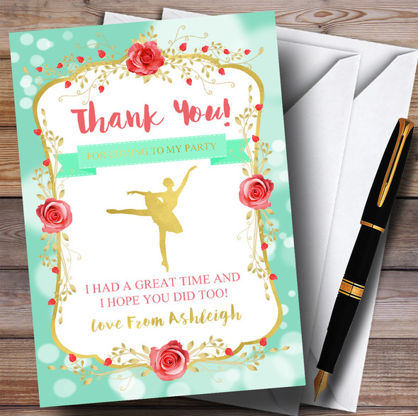 Green & Gold Ballerina Ballet Party Thank You Cards