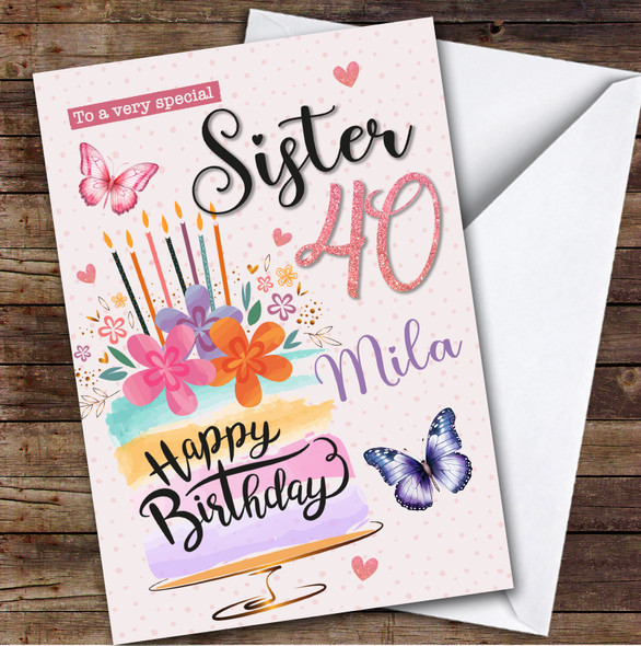 Personalized Sister 40th Birthday Card Cake