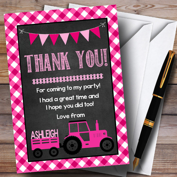Pink Country Farm Tractor Party Thank You Cards