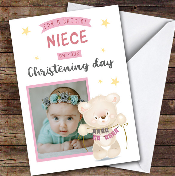 Personalized Christening Day Card For Niece Photo Bear Pink