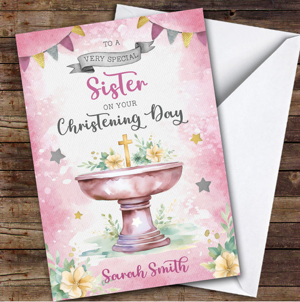Personalized Christening Day Card For Sister Cross Font Pink