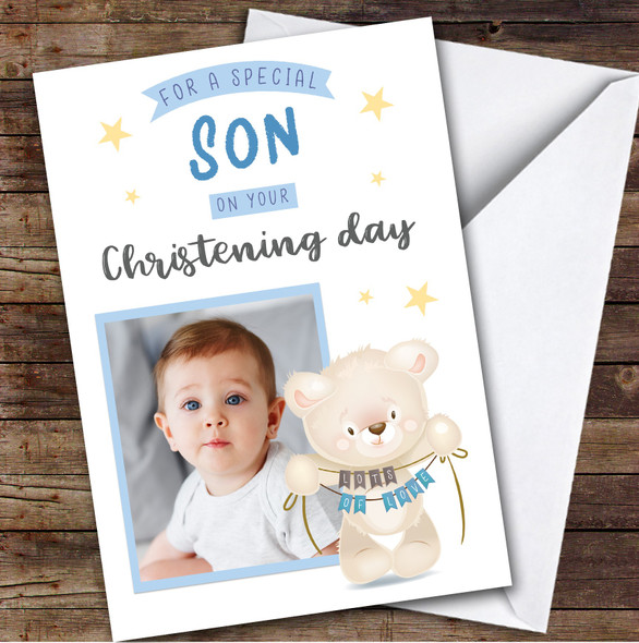Personalized Christening Day Card For Son Photo Bear Blue