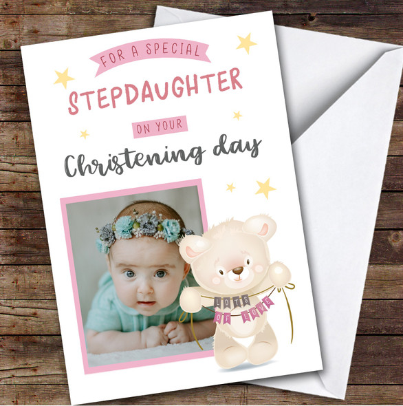 Personalized Christening Day Card For Stepdaughter Photo Bear Pink