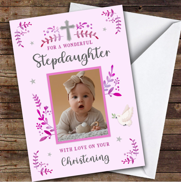 Personalized Christening Day Card For Stepdaughter Photo Dove Pink