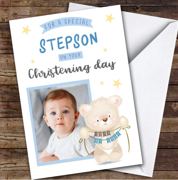 Personalized Christening Day Card For Stepson Photo Bear Blue