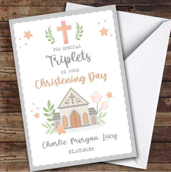 Personalized Christening Day Card For Triplets Church Grey