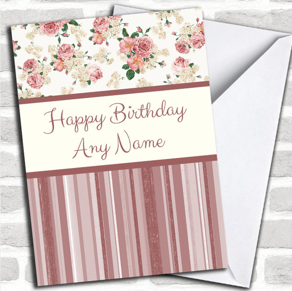 Stripe & Coral Floral Shabby Chic Personalized Birthday Card