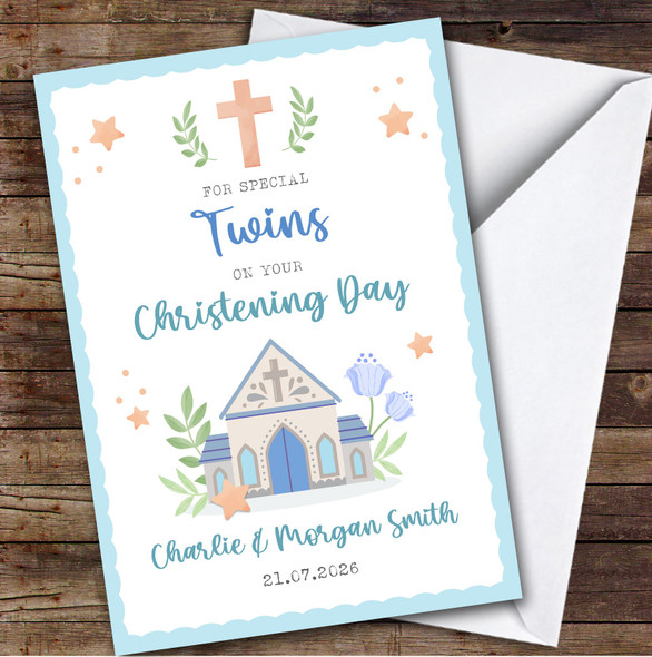Personalized Christening Day Card For Twins Church Blue