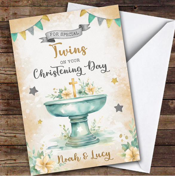 Personalized Christening Day Card For Twins Cross Font Yellow