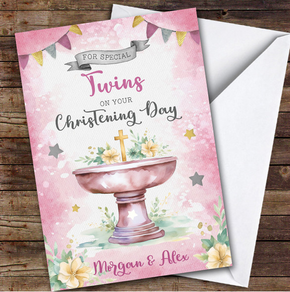 Personalized Christening Day Card For Twins Girls Cross Font Pink