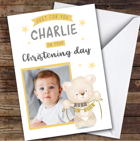 Personalized Christening Day Card For Anyone Photo Bear Yellow