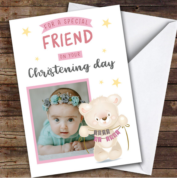 Personalized Christening Day Card For Friend Photo Bear Pink
