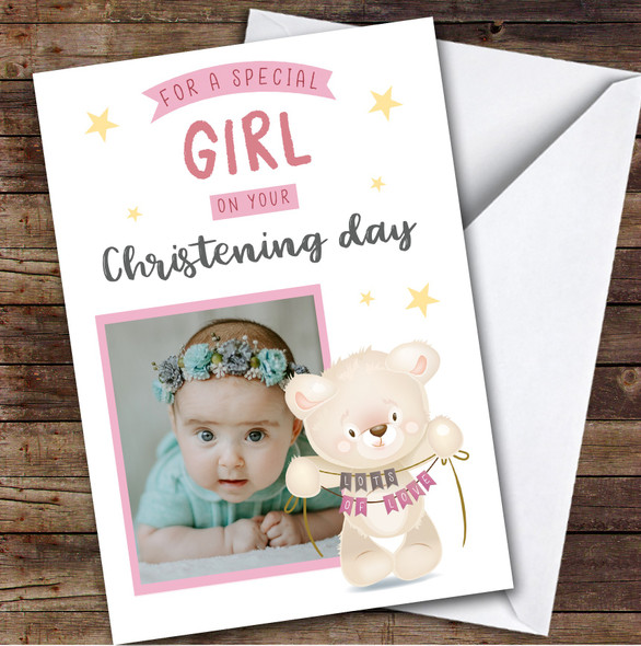 Personalized Christening Day Card For Girl Photo Bear Pink