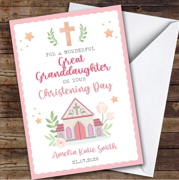 Personalized Christening Day Card For Great Granddaughter Church Pink