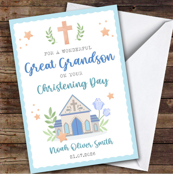 Personalized Christening Day Card For Great Grandson Church Blue