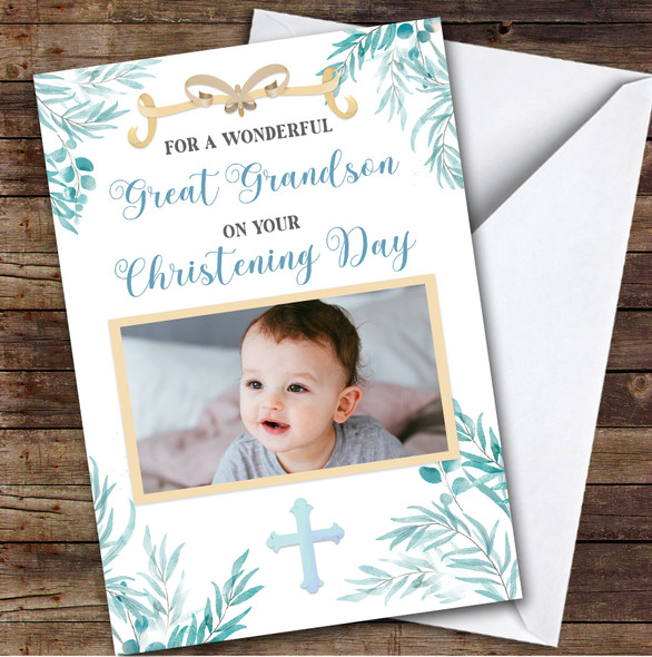 Personalized Christening Day Card For Great Grandson Photo Foliage Blue