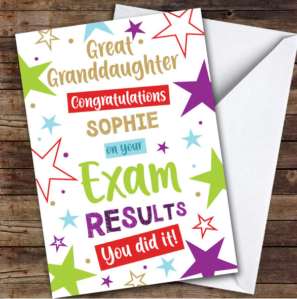 Personalized Exam Results Congratulations Card For Great Granddaughter Stars