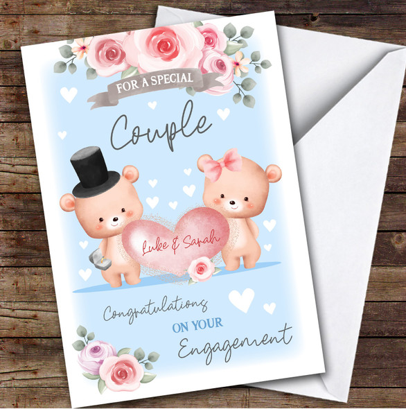 Personalized Engagement Card For Couple Bear Heart Blue