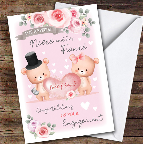 Personalized Engagement Card For Niece And Her Fiance Bear Heart Pink