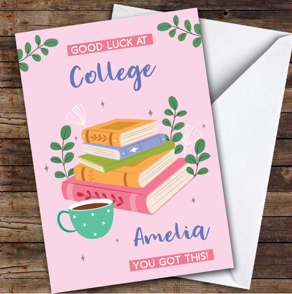 Personalized Off To College Card For Anyone Books Mug Pink