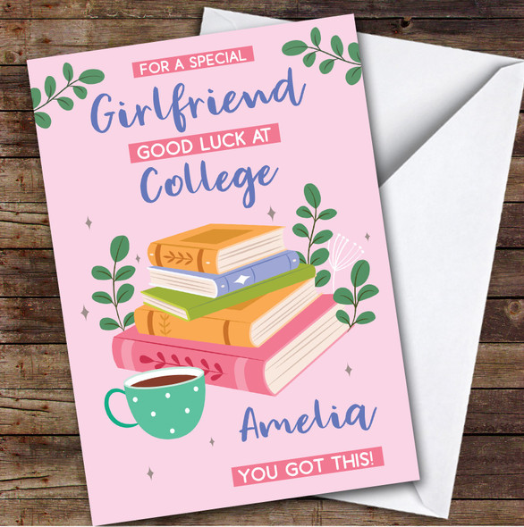 Personalized Off To College Card For Girlfriend Books Mug Pink