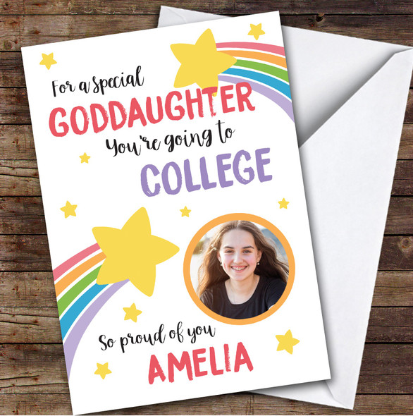 Personalized Off To College Card For Goddaughter Photo Rainbow Star