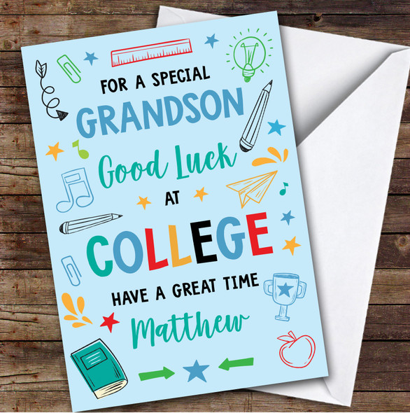 Personalized Off To College Card For Grandson Bright Doodle Blue