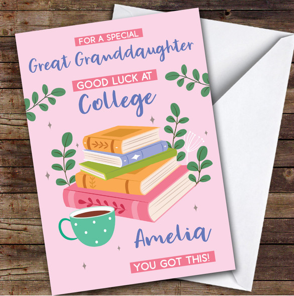Personalized Off To College Card For Great Granddaughter Books Mug Pink