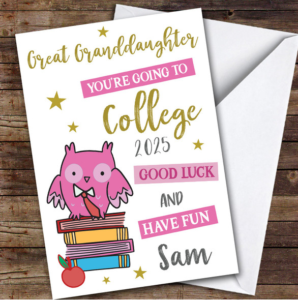 Personalized Off To College Card For Great Granddaughter Pink Owl