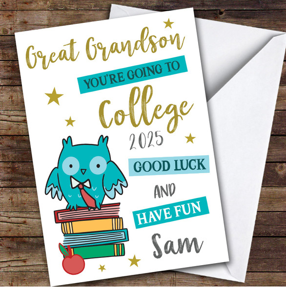 Personalized Off To College Card For Great Grandson Blue Owl
