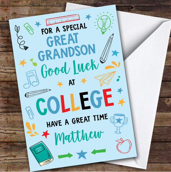 Personalized Off To College Card For Great Grandson Bright Doodle Blue