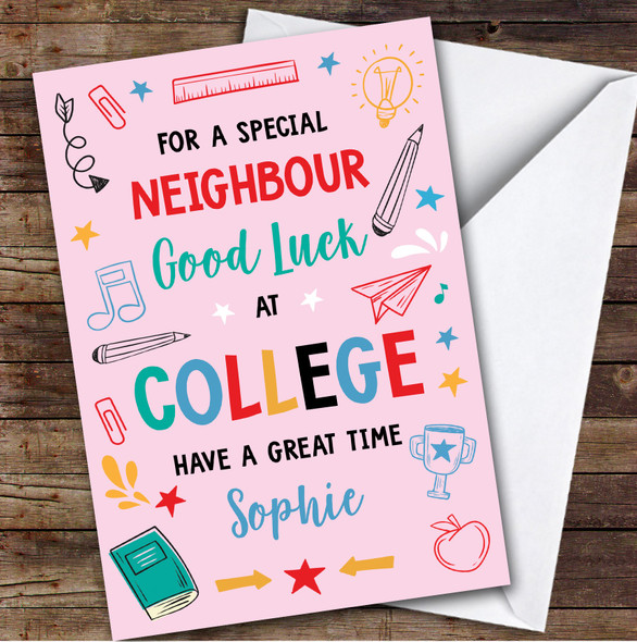 Personalized Off To College Card For Neighbour Bright Doodle Pink