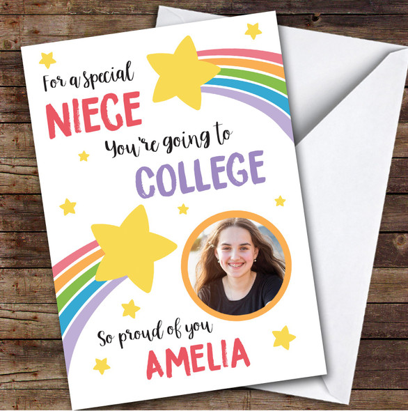 Personalized Off To College Card For Niece Photo Rainbow Star