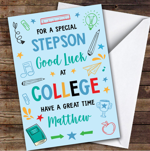Personalized Off To College Card For Stepson Bright Doodle Blue