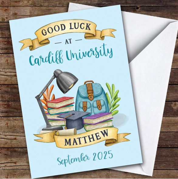 Personalized Off To University Card For Anyone Blue Book Backpack