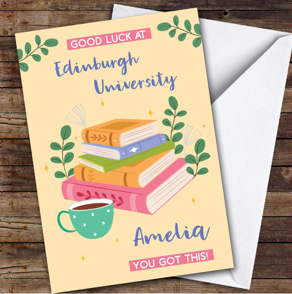 Personalized Off To University Card For Anyone Books Mug Yellow