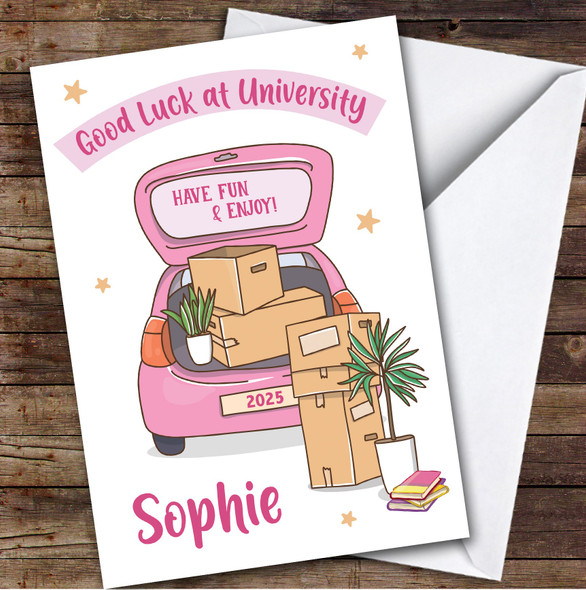 Personalized Off To University Card For Anyone Pink Car Moving Boxes