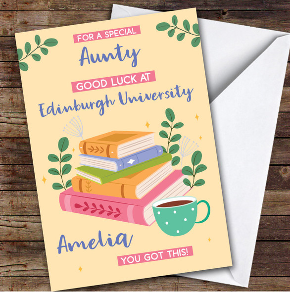 Personalized Off To University Card For Aunty Books Mug Yellow