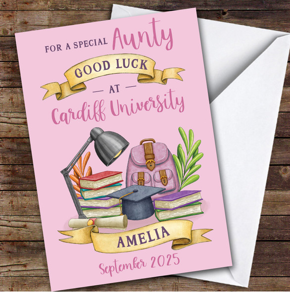 Personalized Off To University Card For Aunty Pink Book Backpack