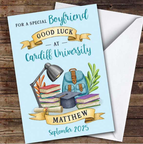 Personalized Off To University Card For Boyfriend Blue Book Backpack