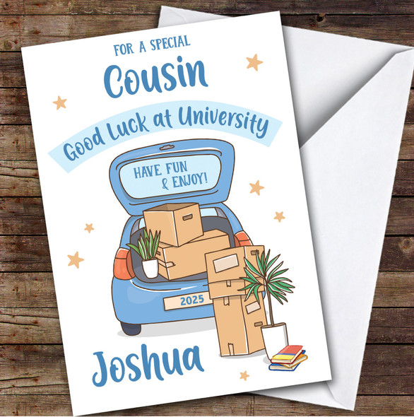 Personalized Off To University Card For Cousin Blue Car Moving Boxes