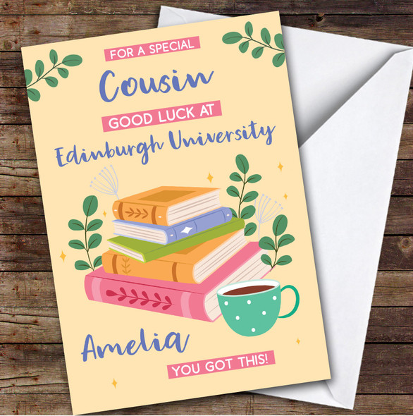 Personalized Off To University Card For Cousin Books Mug Yellow