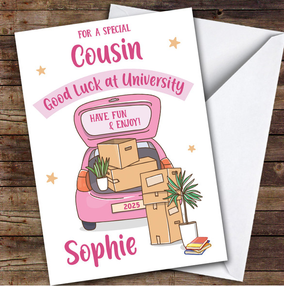 Personalized Off To University Card For Cousin Pink Car Moving Boxes