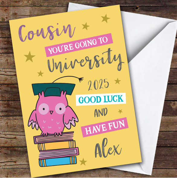 Personalized Off To University Card For Cousin Pink Owl