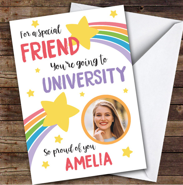 Personalized Off To University Card For Friend Photo Rainbow Star