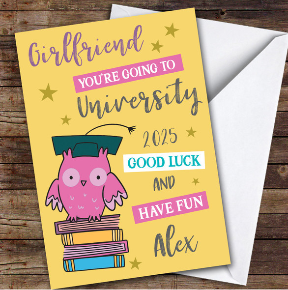 Personalized Off To University Card For Girlfriend Pink Owl