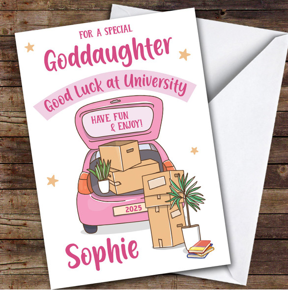 Personalized Off To University Card For Goddaughter Pink Car Moving Boxes