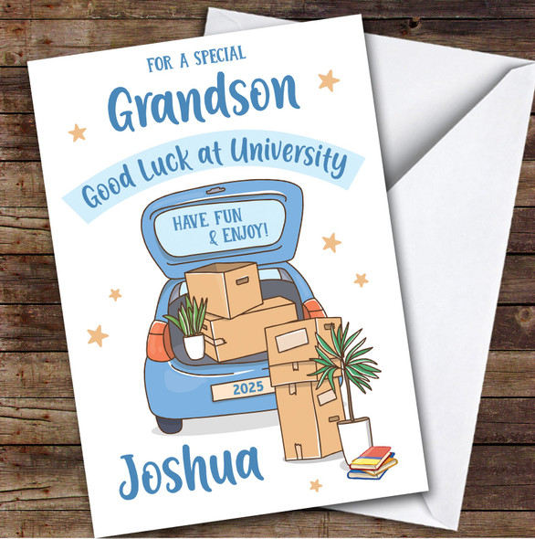 Personalized Off To University Card For Grandson Blue Car Moving Boxes