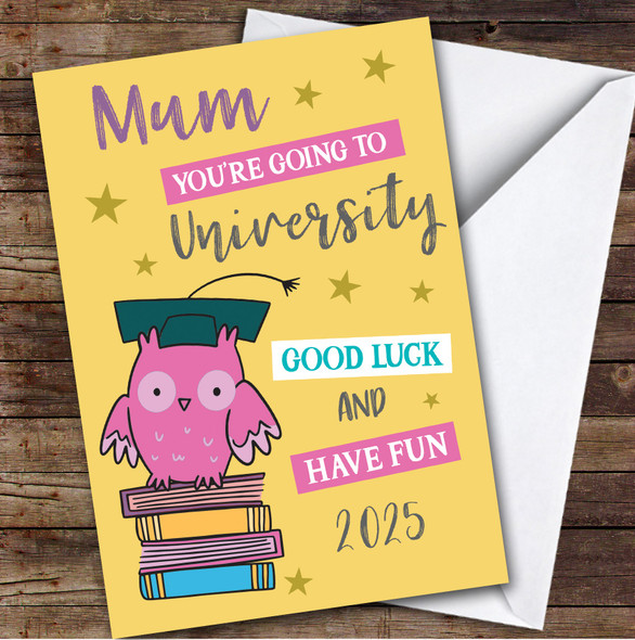 Personalized Off To University Card For Mum Pink Owl