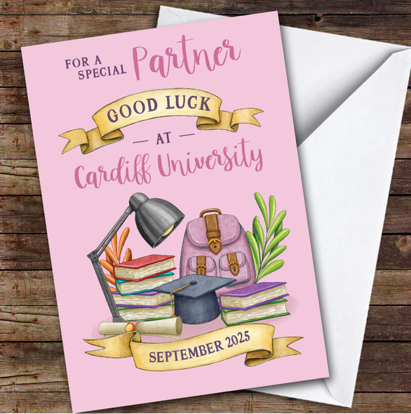 Personalized Off To University Card For Partner Pink Book Backpack